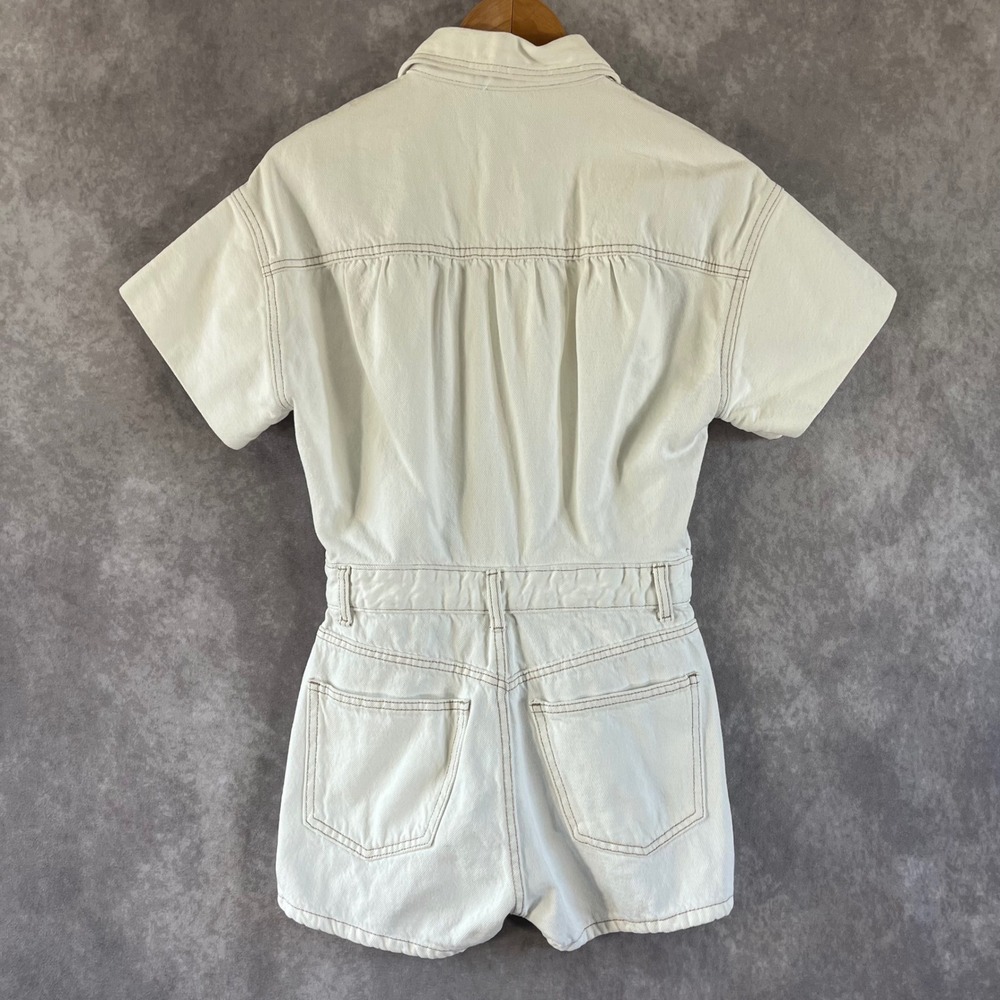 Zara Denim Romper Womens Size Small White Contrast Stitch Short Sleeve Utility - Picture 2 of 11